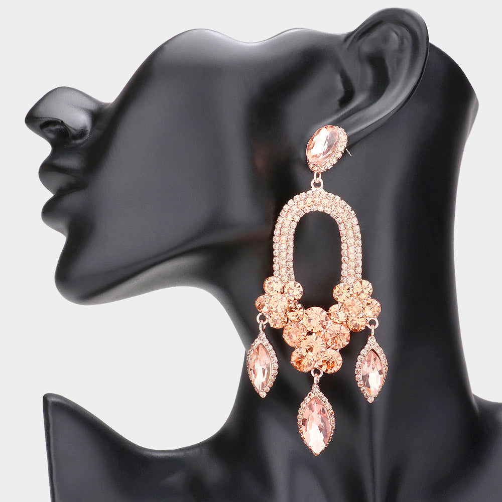Peach Triple Marquise Stone Drop Chandelier Pageant Earrings | Prom Earrings