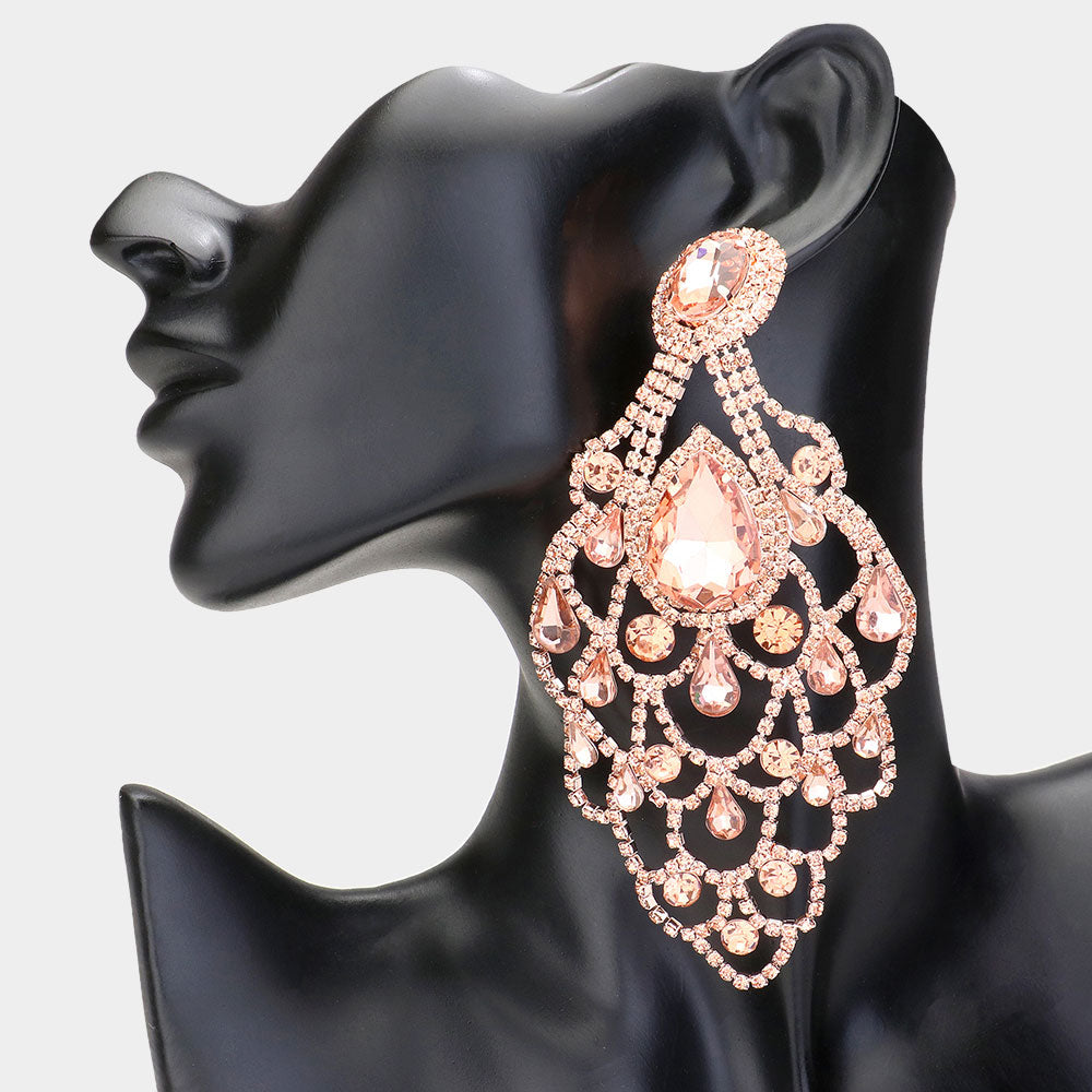 Oversize Peach Teardrop Stone Chandelier Statement Earrings on Rose Gold | Pageant Earrings
