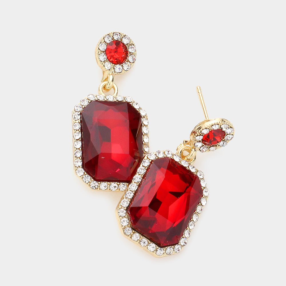Little Girls Red Crystal Rectangle Pageant Earrings 