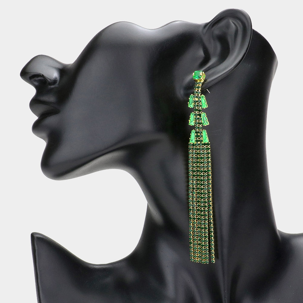 Long Emerald Rhinestone Fringe Pageant Earrings  | Statement Earrings