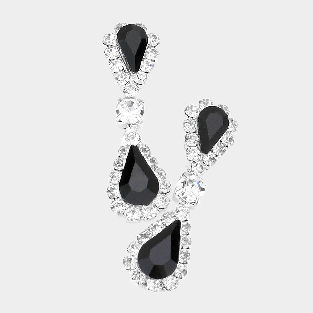 Black Double Teardrop Rhinestone Accented Small Pageant Earrings | Little Girl Earrings