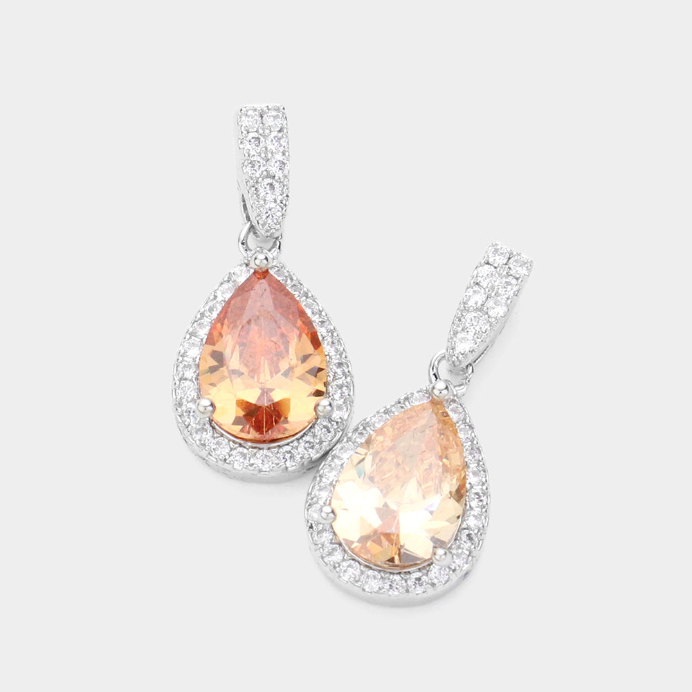 Small Peach CZ Teardrop Dangle Earrings | Pageant Jewelry
