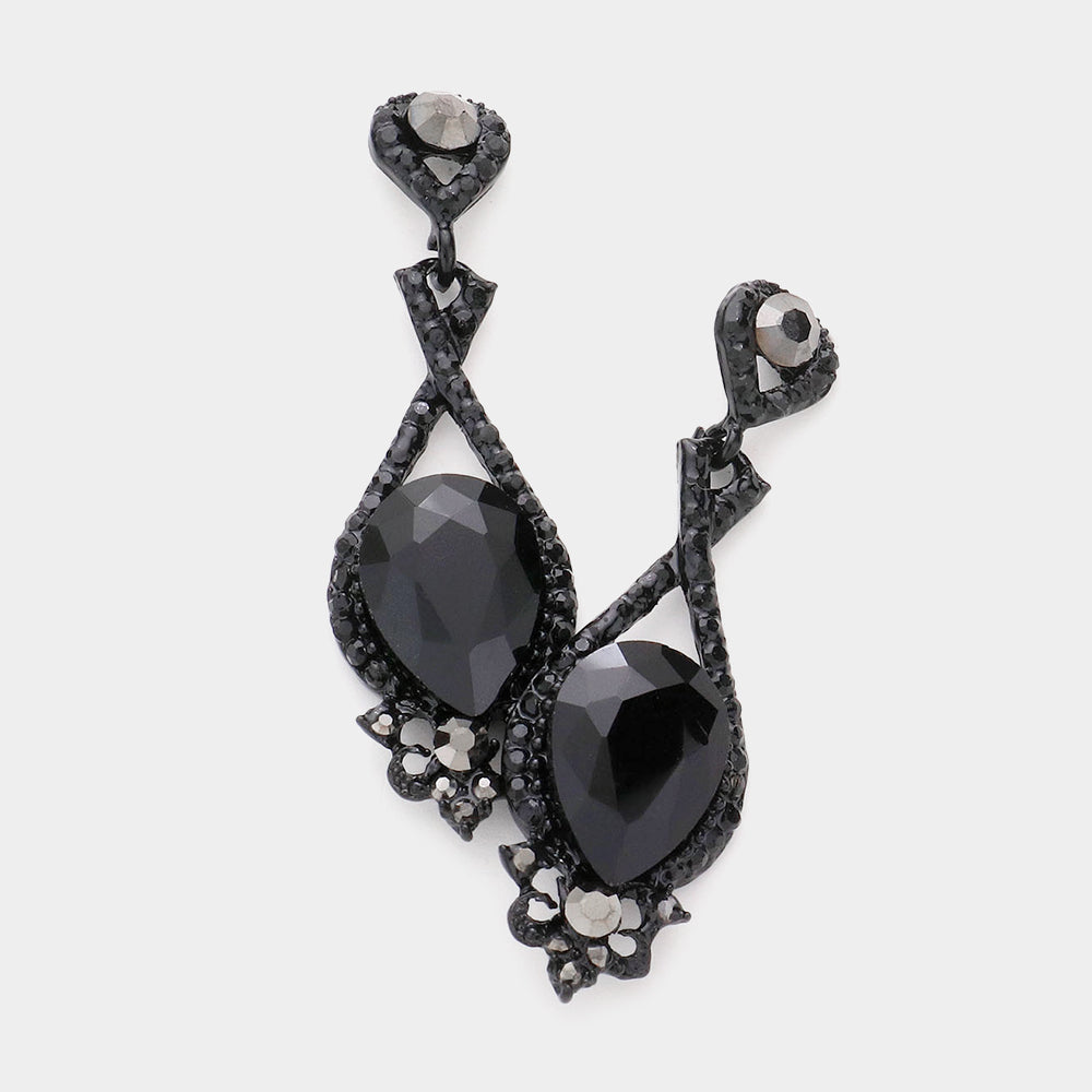 Jet Black Crystal Rhinestone and Teardrop Pageant Earrings  | Prom Earrings