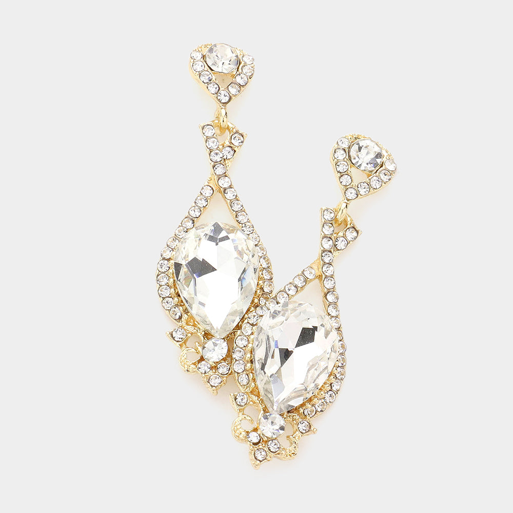 Clear Crystal Rhinestone and Teardrop Pageant Earrings on Gold | Prom Earrings
