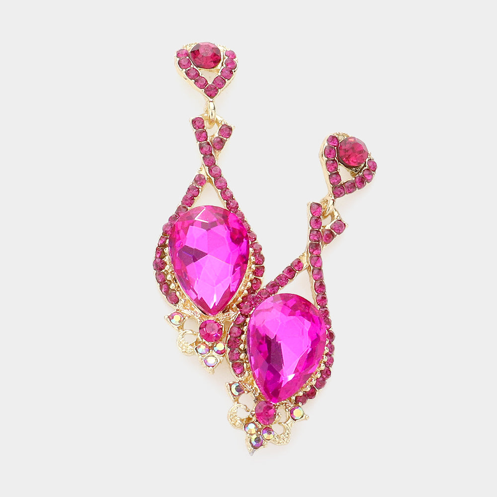 Fuchsia Crystal Rhinestone and Teardrop Pageant Earrings | Prom Earrings 