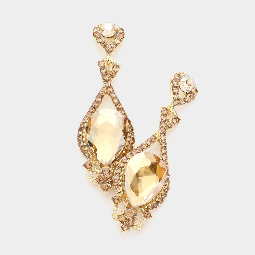 Gold Crystal Rhinestone and Teardrop Pageant Earrings | Prom Earrings