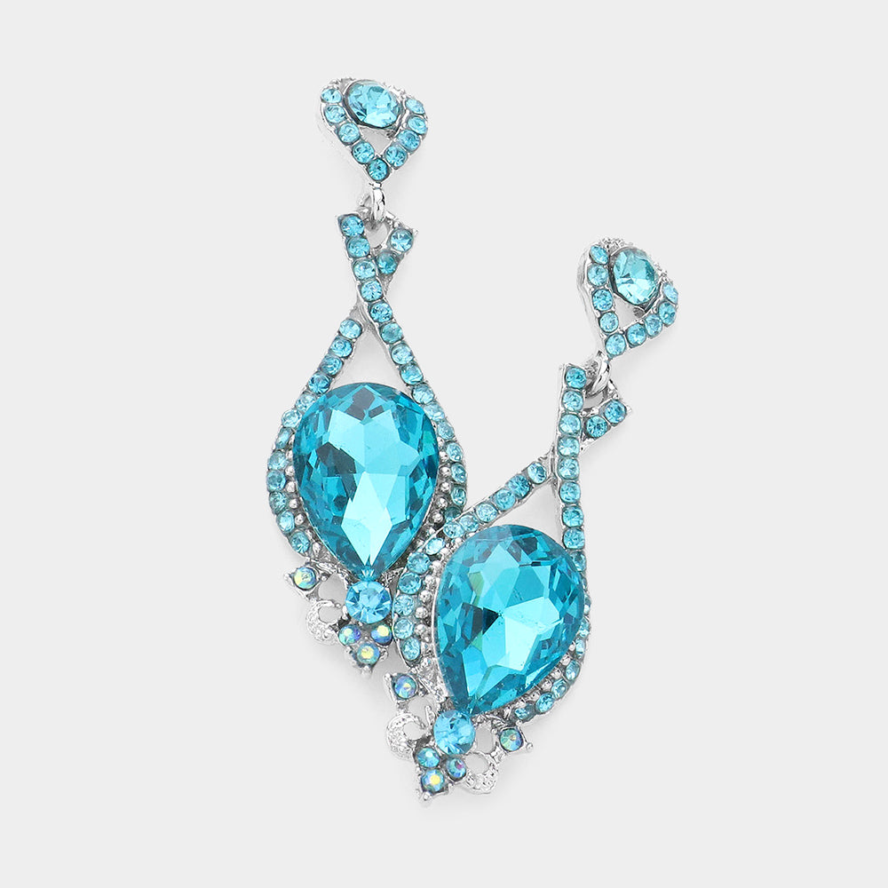 Aqua Crystal Rhinestone and Teardrop Pageant Earrings | Prom Earrings