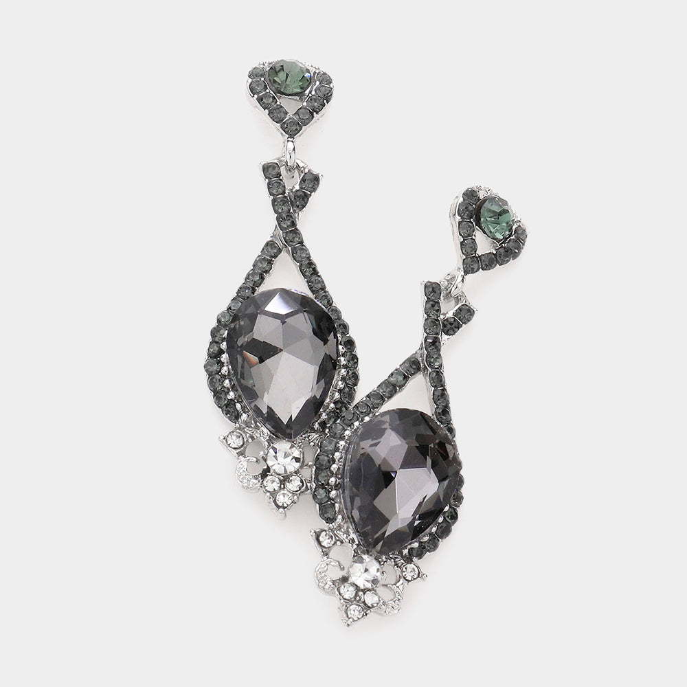 Black Diamond Crystal Rhinestone and Teardrop Pageant Earrings | Prom Earrings