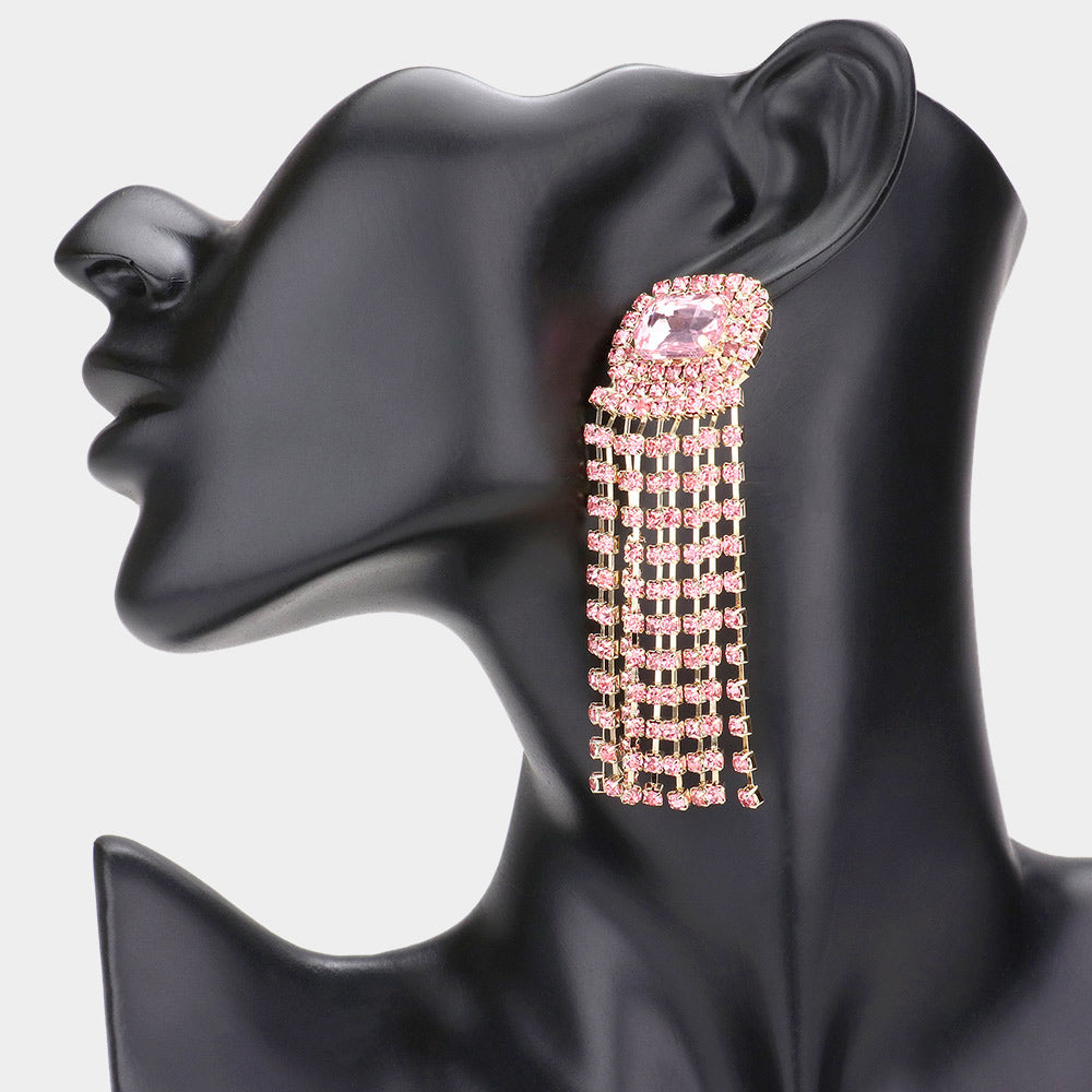 Emerald Cut Light Rose Stone and Rhinestone Fringe Pageant Earrings  | Prom Earrings