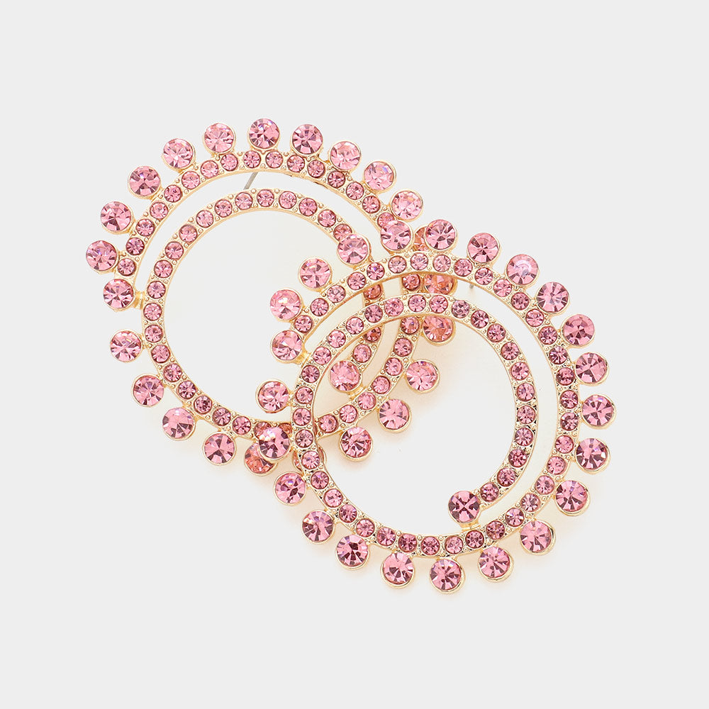 Pink Crystal Cluster Swirl Round Pageant Earrings  | Evening Earrings