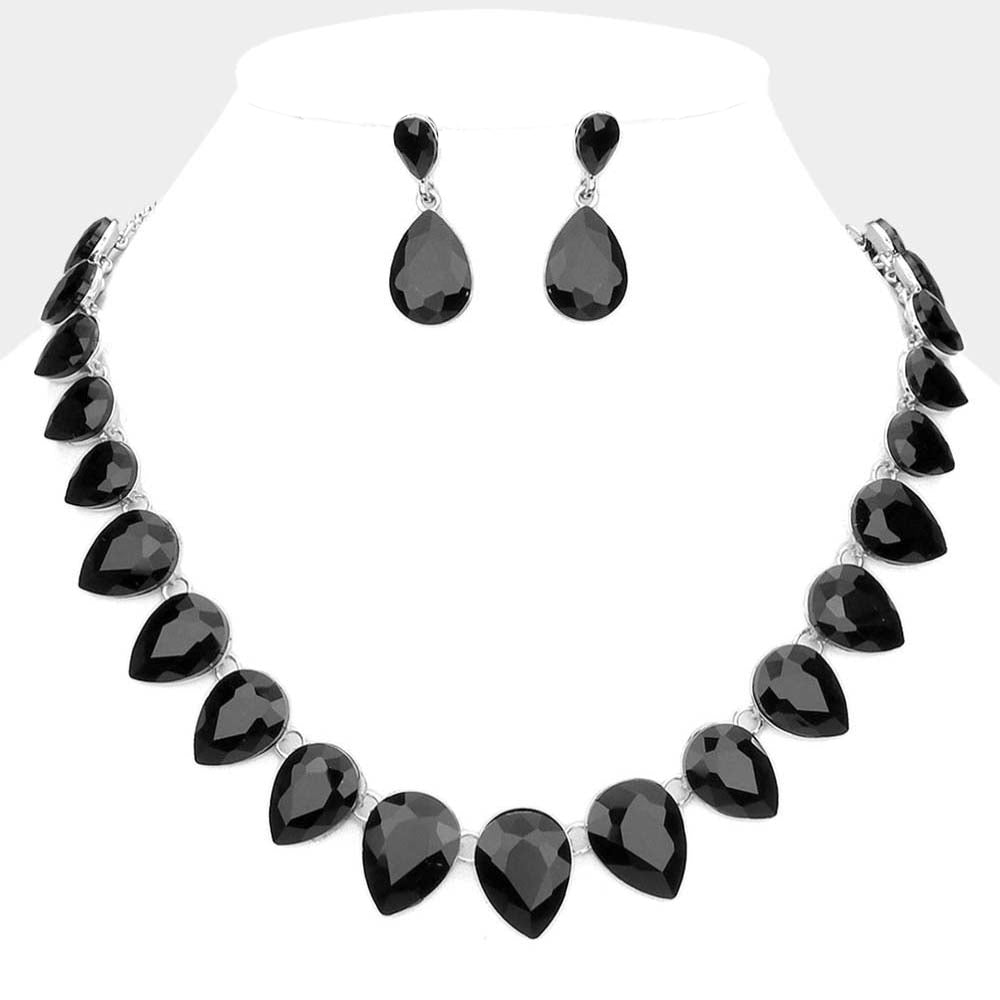 Black Crystal Teardrop Stone Link Pageant Necklace | Evening Necklace