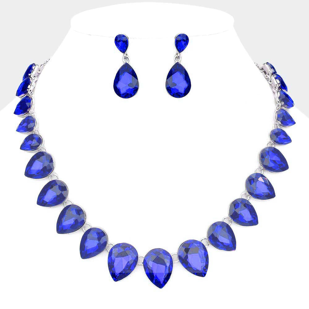 Blue Crystal Teardrop Stone Link Pageant Necklace | Evening Necklace 