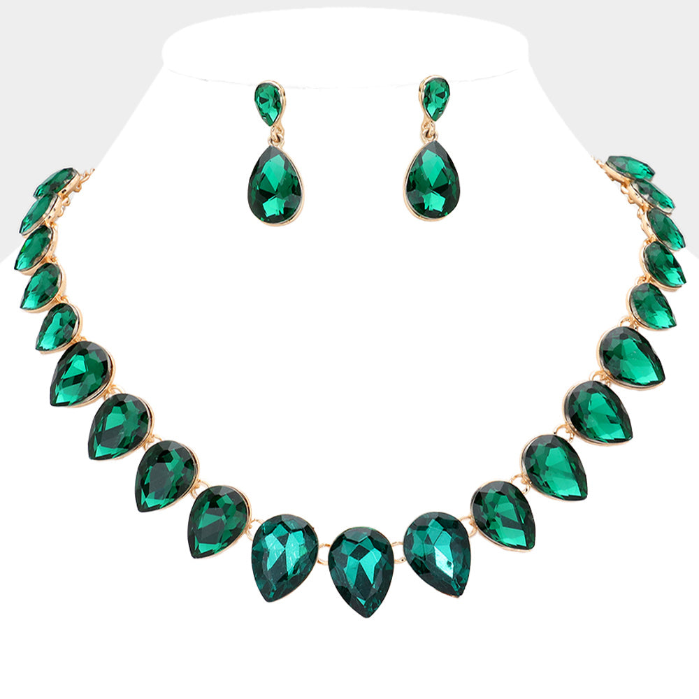 Emerald Crystal Teardrop Stone Link Pageant Necklace | Evening Necklace