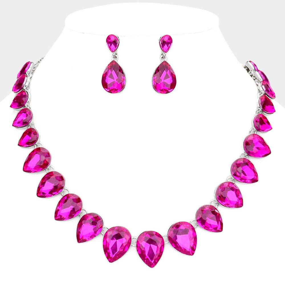 Fuchsia Crystal Teardrop Stone Link Pageant Necklace | Evening Necklace