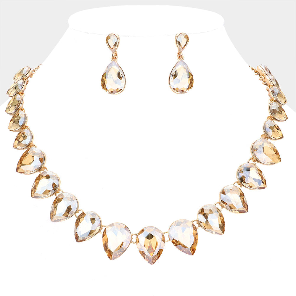 Gold Crystal Teardrop Stone Link Pageant Necklace | Evening Necklace