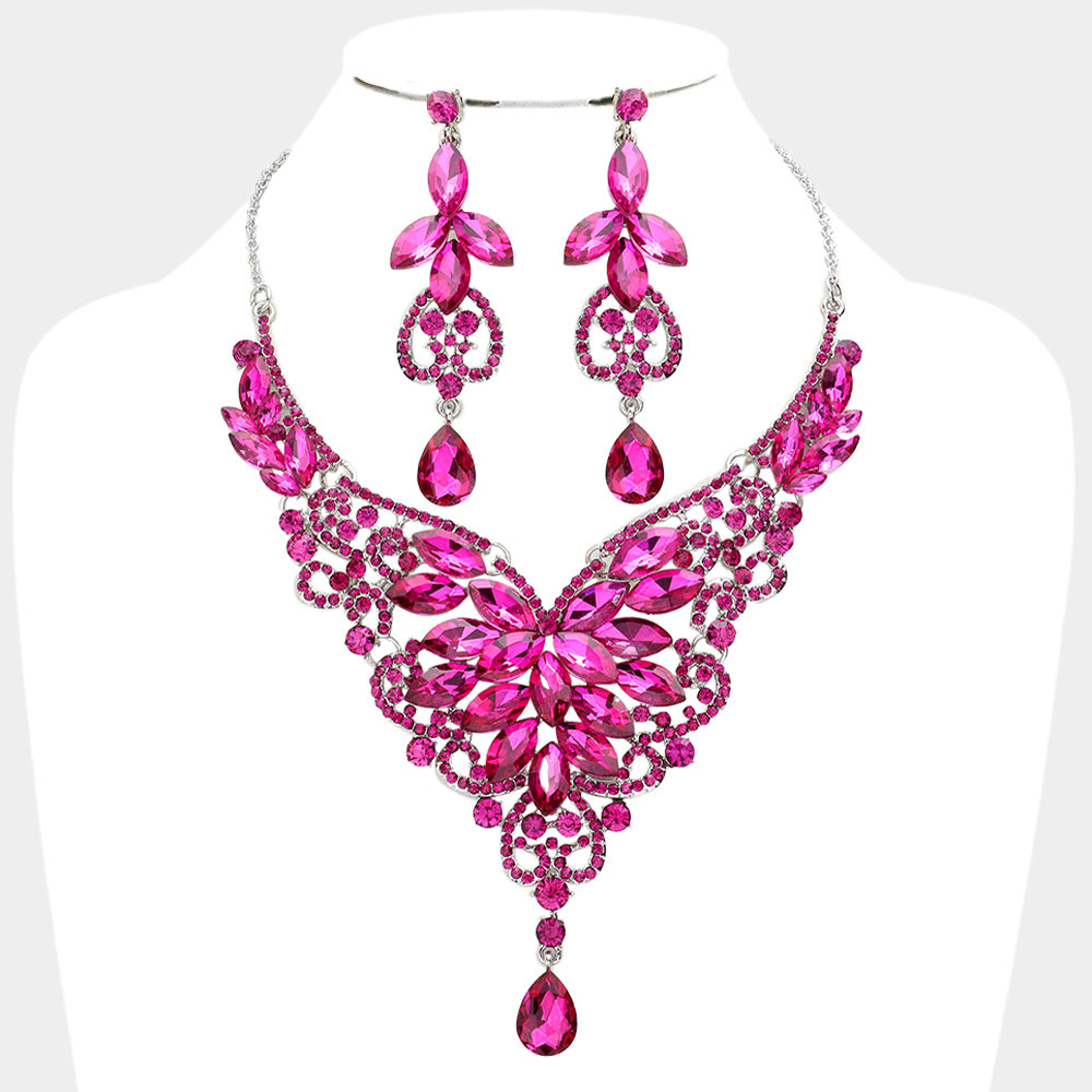 Fuchsia Crystal Mix Stone Statement Necklace Set | Evening Necklace Set