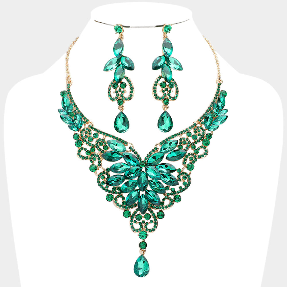 Emerald Crystal Mix Stone Statement Necklace Set  | Evening Necklace Set