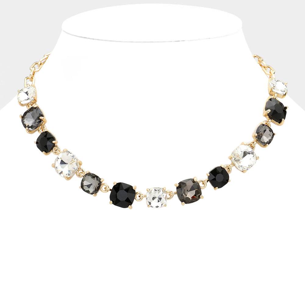 Black, Multi Cushion Square Stone Ling Pageant Necklace | Prom Necklace