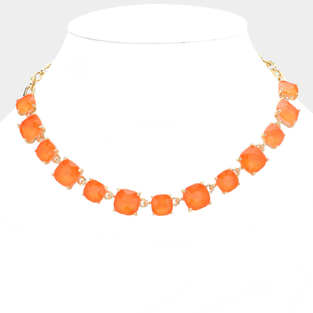 Coral Cushion Square Stone Ling Pageant Necklace | Prom Necklace
