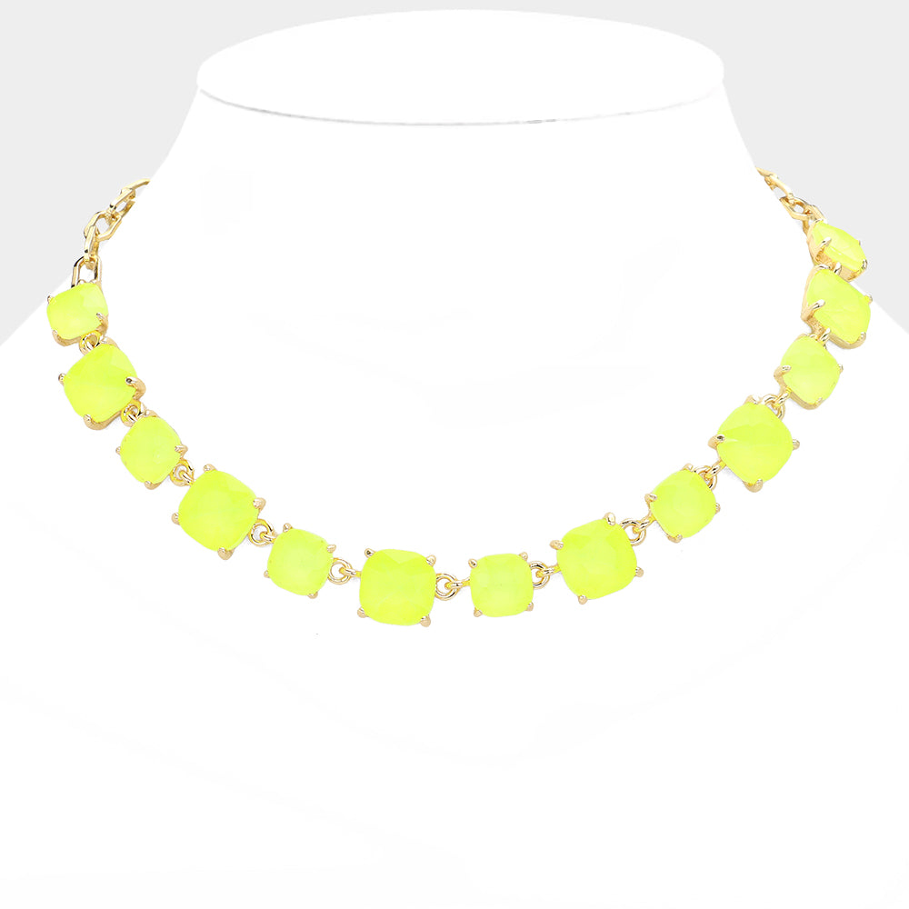 Yellow Cushion Square Stone Ling Pageant Necklace | Prom Necklace