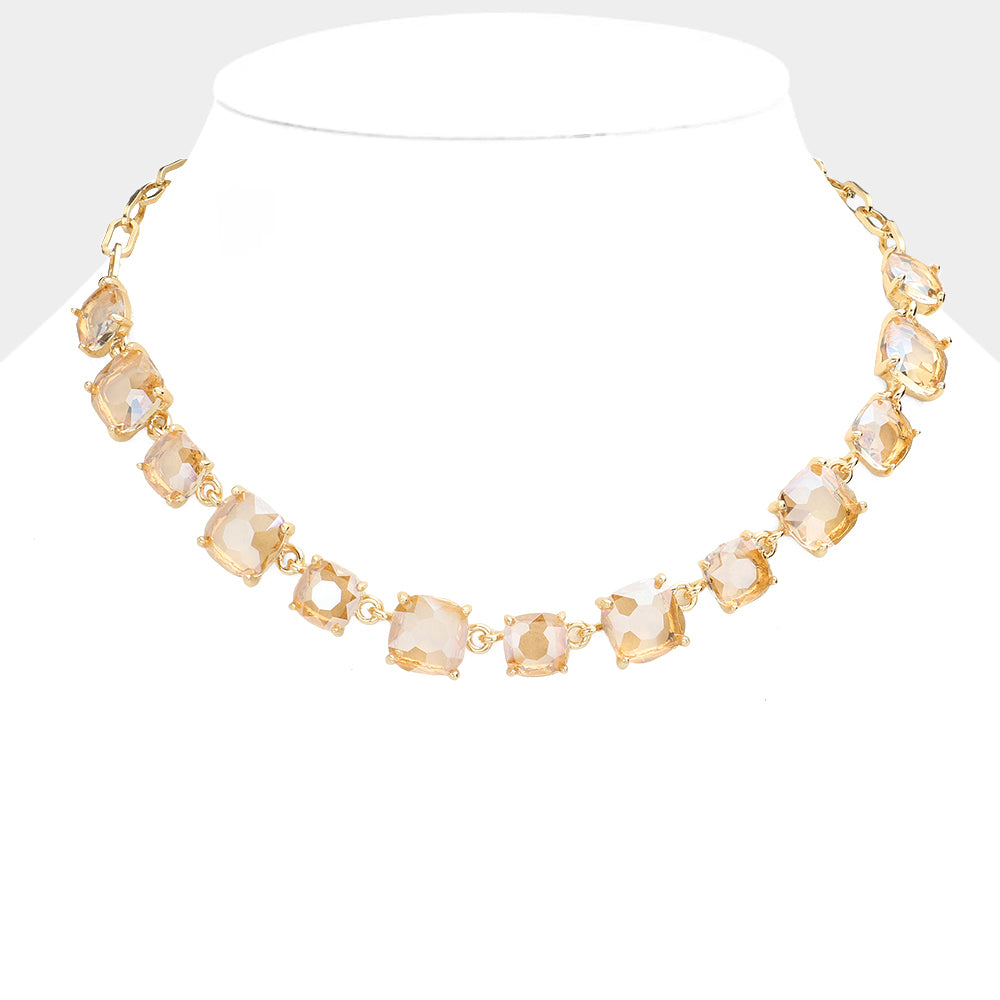 Gold AB Cushion Square Stone Ling Pageant Necklace | Prom Necklace