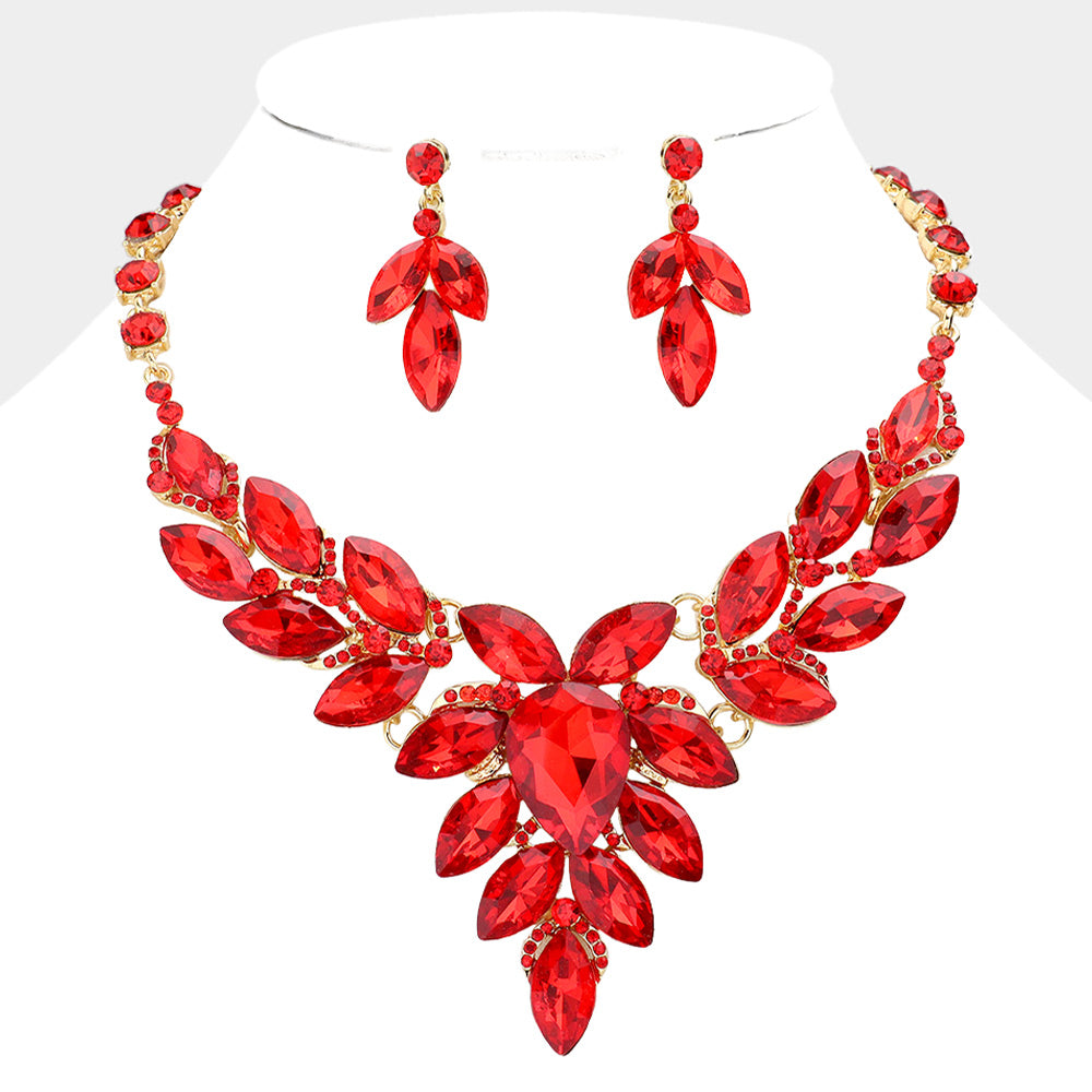 Red Teardrop Center and Marquise Stone Prom Necklace Set | Special Occasion Necklace Set