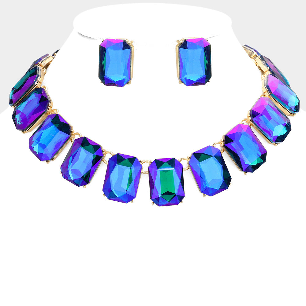 Blue AB Crystal Emerald Cut Stone Link Statement Necklace  | Homecoming Jewelry