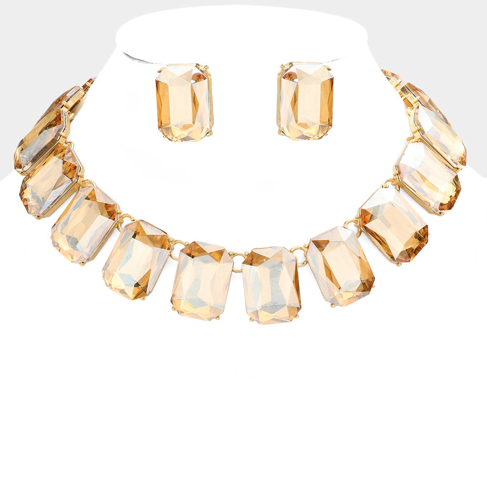 Light Topaz Crystal Emerald Cut Stone Link Statement Necklace   | Homecoming Jewelry