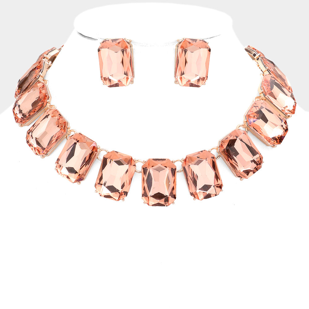 Peach Crystal Emerald Cut Stone Link Statement Necklace | Homecoming Jewelry