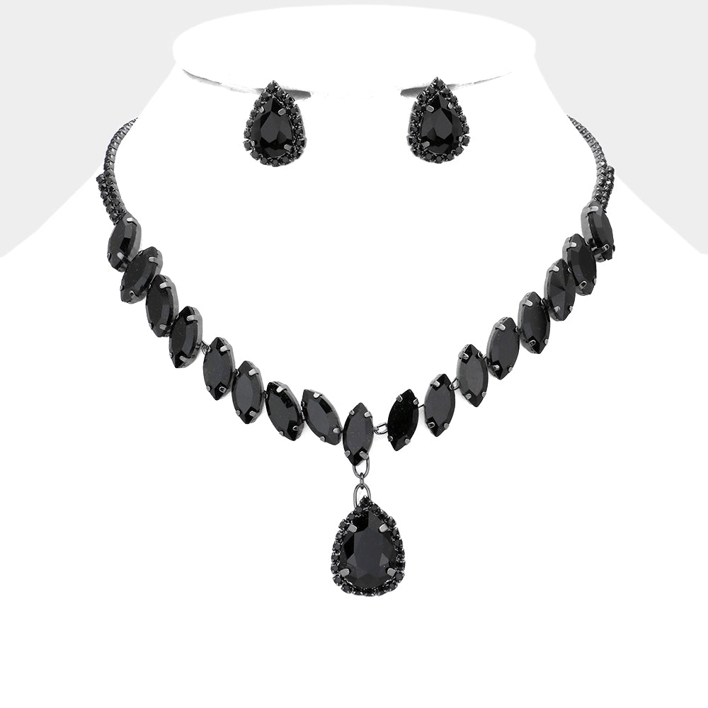 Black Marquise Stone Cluster Drop Teardrop Pageant Necklace Set | Prom Jewelry