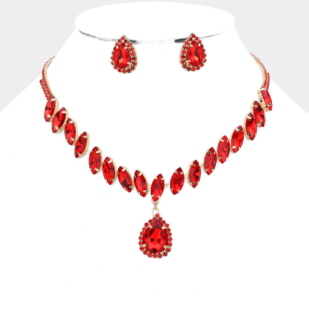 Red Marquise Stone Cluster Drop Teardrop Pageant Necklace Set  | Prom Jewelry
