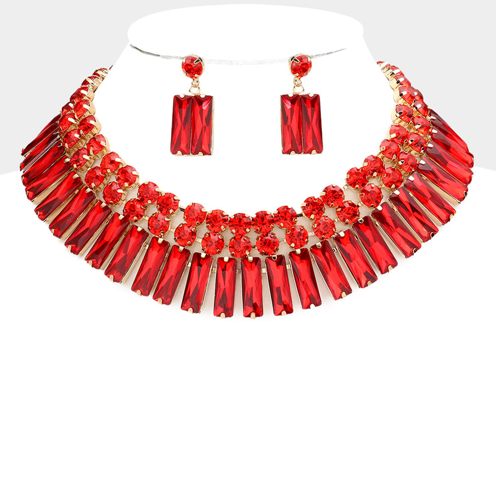 Red Round and Rectangle Stone Cluster Evening Necklace Set  | Large Crystal Fashion Necklace Set