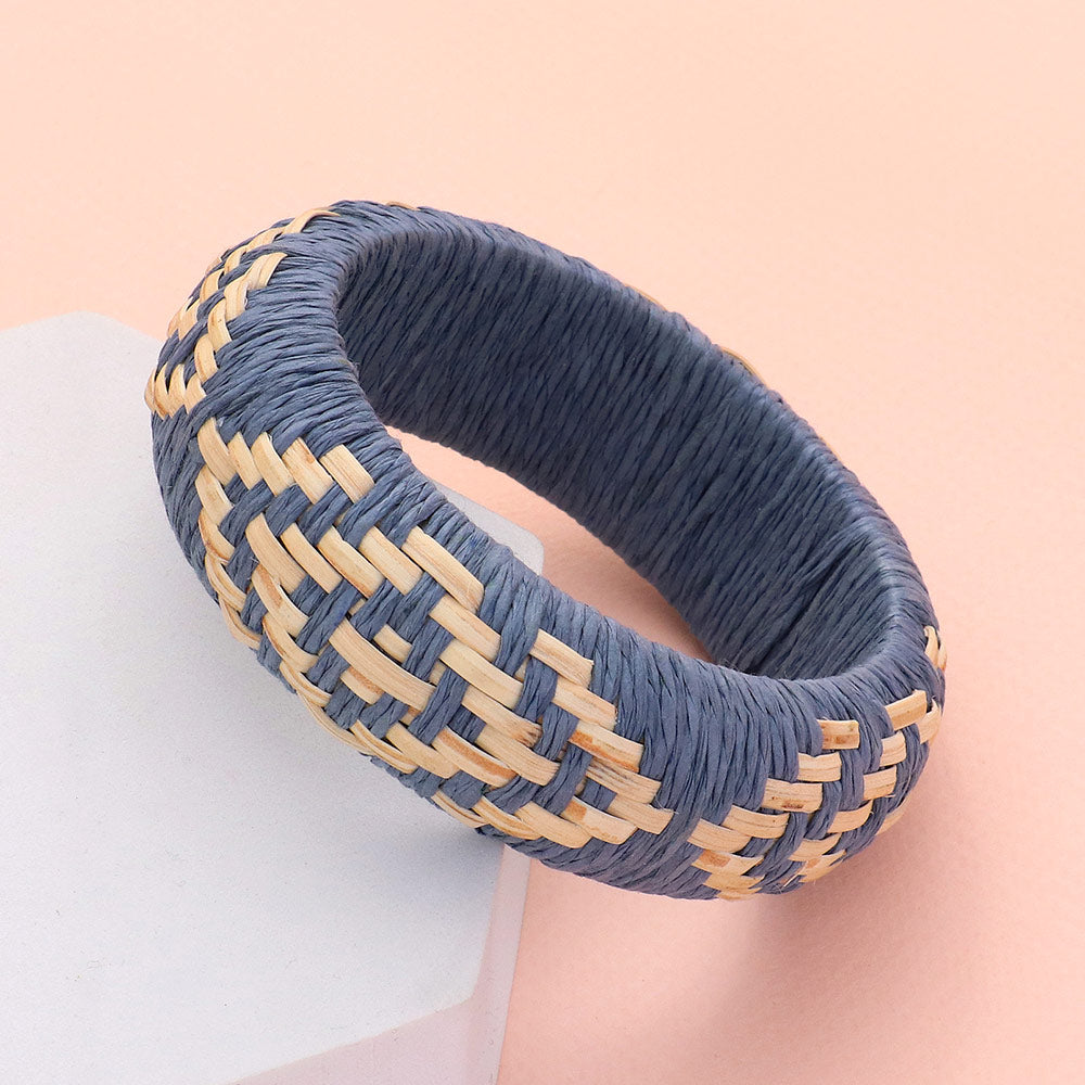 Blue Raffia Weave Abstract Pattern Fun Fashion Bracelet | Runway Jewelry
