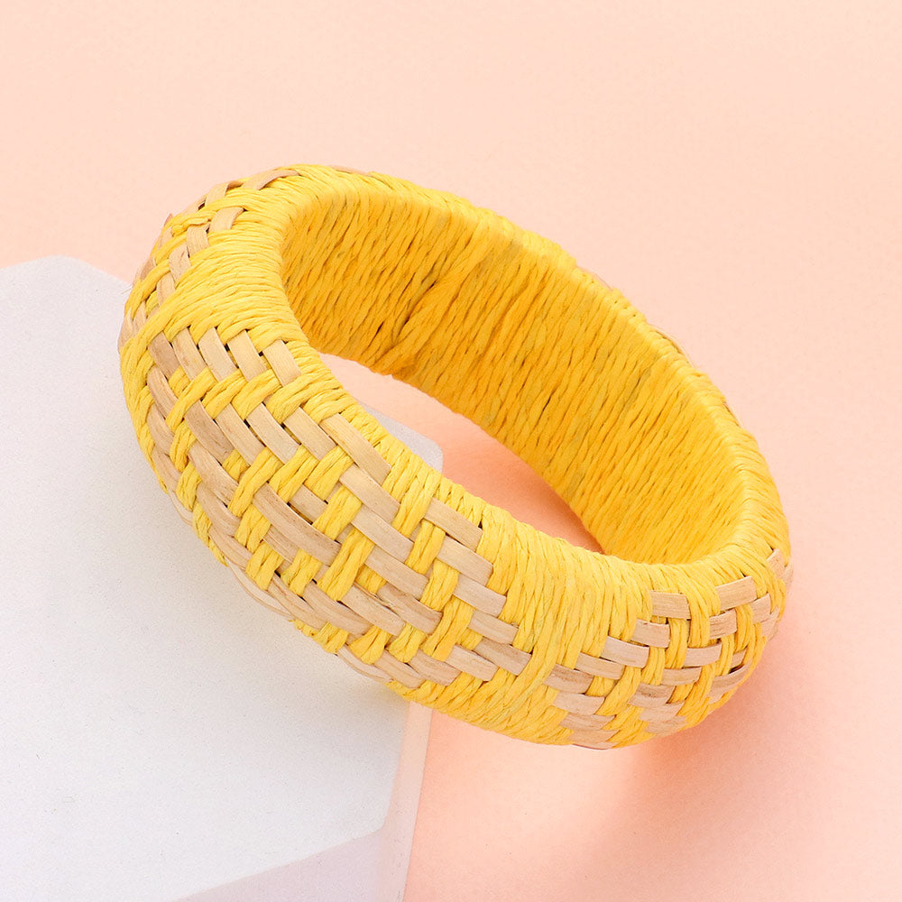 Yellow Raffia Weave Abstract Pattern Fun Fashion Bracelet | Runway Jewelry