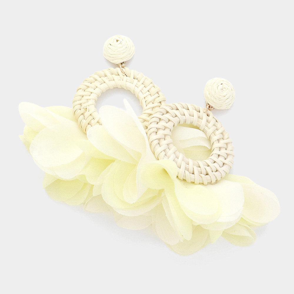 Ivory Fabric and Raffia Round Dangle Pageant Earrings | Fun Fashion Earrings