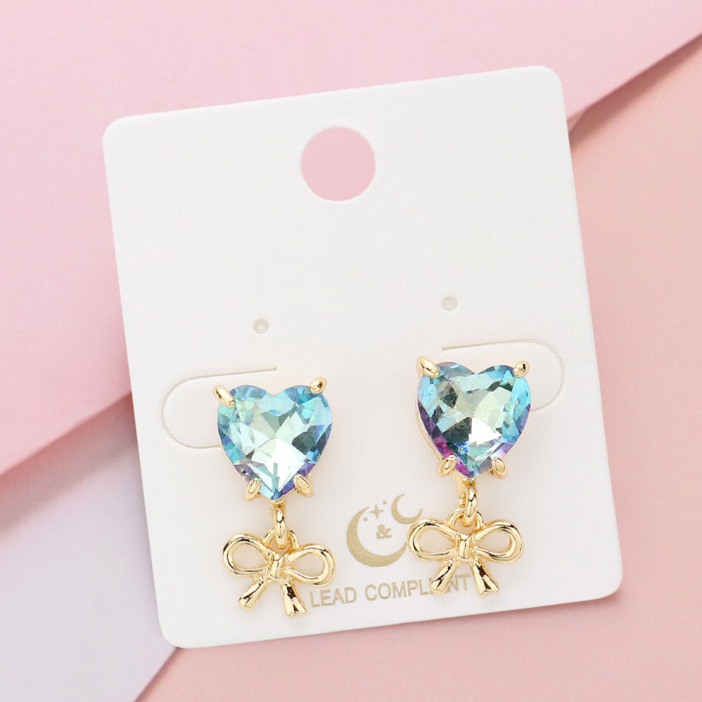Aqua AB Heart Stone and Metal Bow Dangle Pageant Earrings | Heart Earrings 