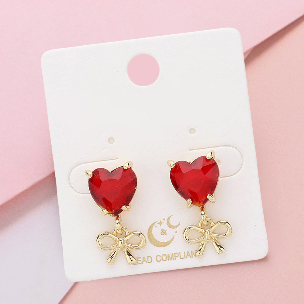 Red Heart Stone and Metal Bow Dangle Pageant Earrings | Heart Earrings