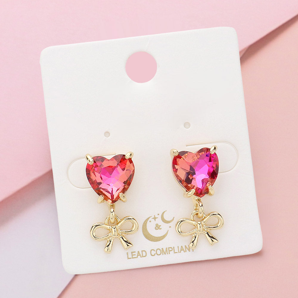 Pink AB Heart Stone and Metal Bow Dangle Pageant Earrings | Heart Earrings