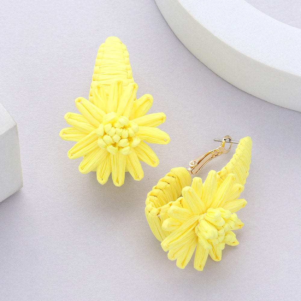 Yellow Raffia Wrapped Flower Fun Fashion Earrings | Outfit of Choice Earrings