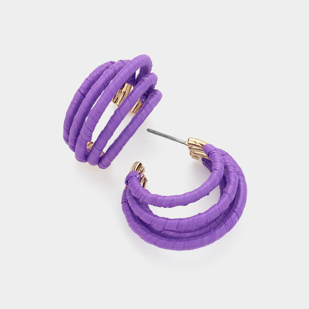 Young Girls Purple Raffia Wrapped Split Hoop Fun Fashion Pageant Earrings | Outfit of Choice