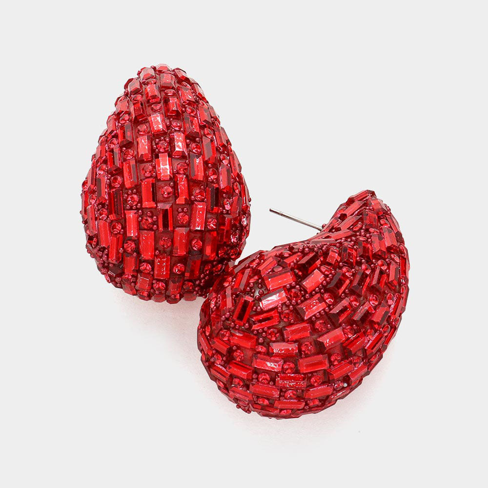 Multi Red Stone Embellished Teardrop Pageant Earrings | Prom Earrings