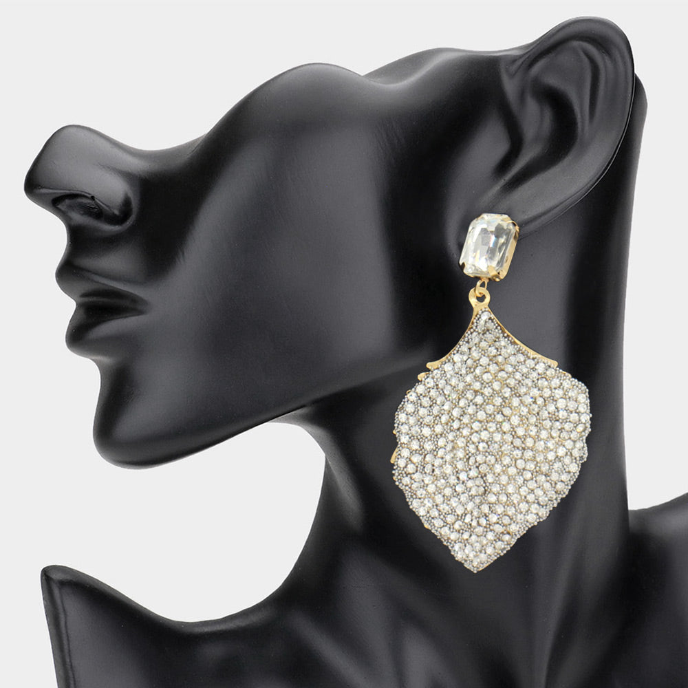 Clear Rhinestone Embellished Fun Fashion Leaf Shaped Earrings on Gold| Headshot Earrings