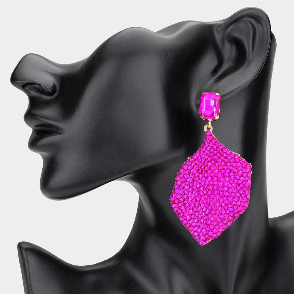 Fuchsia Rhinestone Embellished Fun Fashion Leaf Shaped Earrings | Headshot Earrings