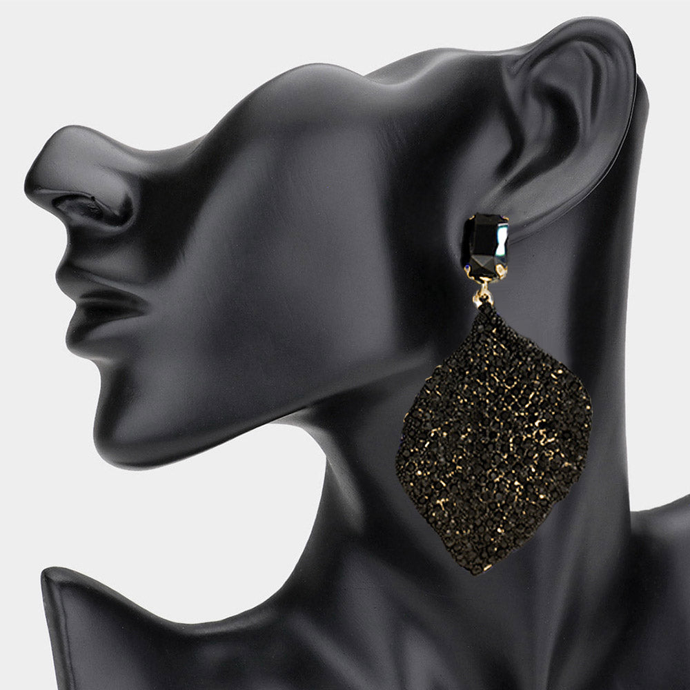 Jet Black Rhinestone Embellished Fun Fashion Leaf Shaped Earrings on Gold| Headshot Earrings 