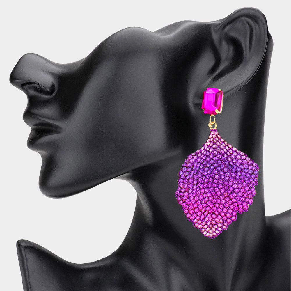 Purple to Pink Ombre Rhinestone Embellished Fun Fashion Leaf Shaped Earrings | Headshot Earrings