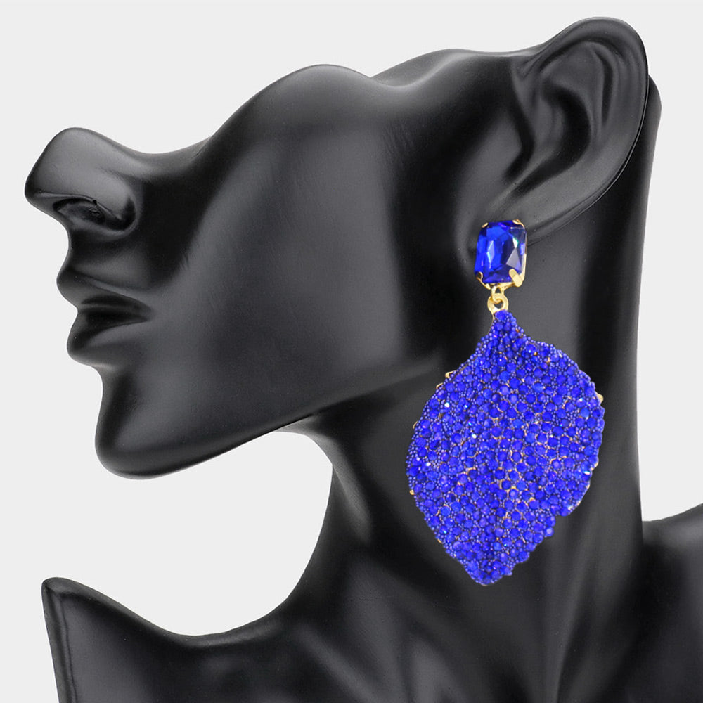 Sapphire Rhinestone Embellished Fun Fashion Leaf Shaped Earrings | Headshot Earrings