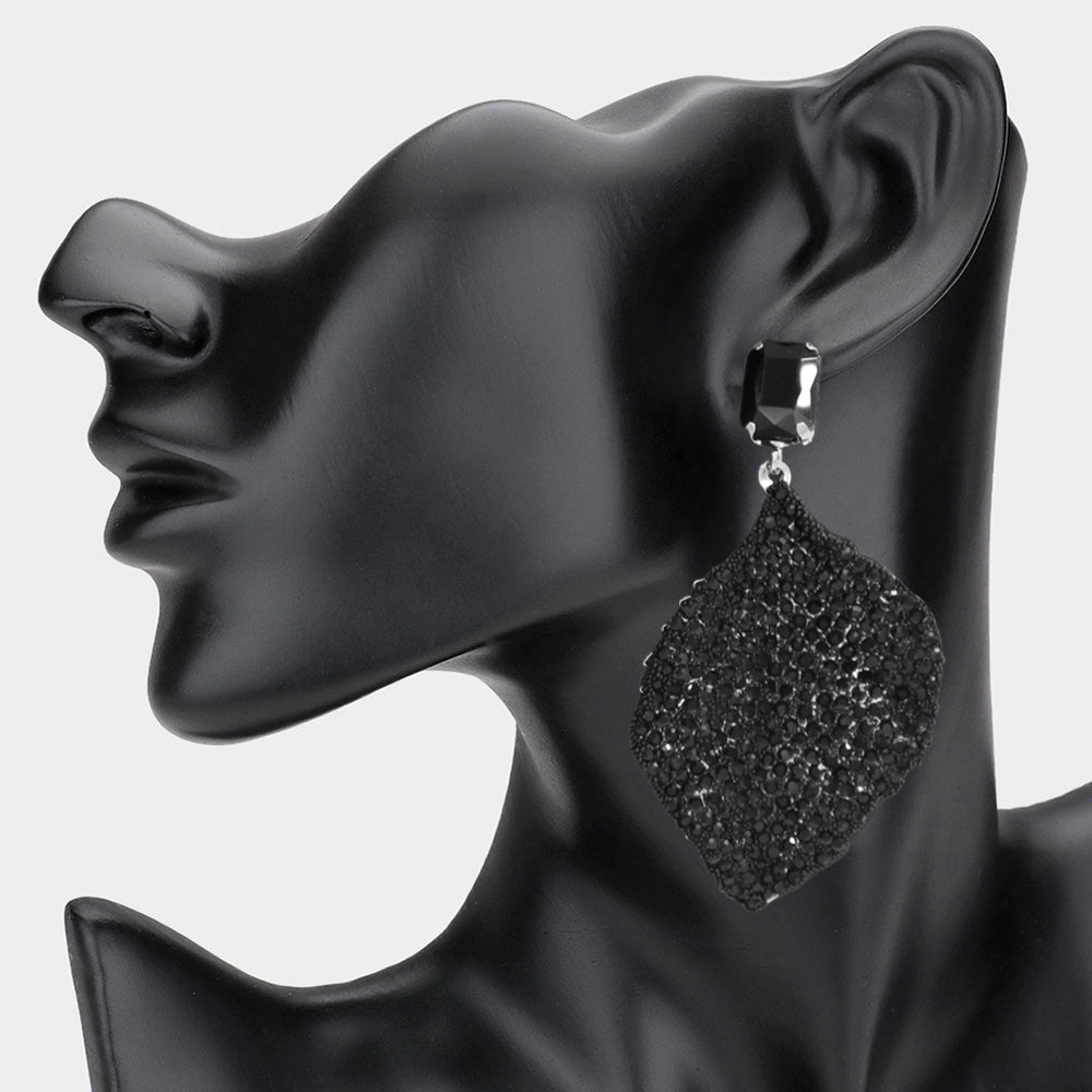 Jet Black Rhinestone Embellished Fun Fashion Leaf Shaped Earrings | Headshot Earrings