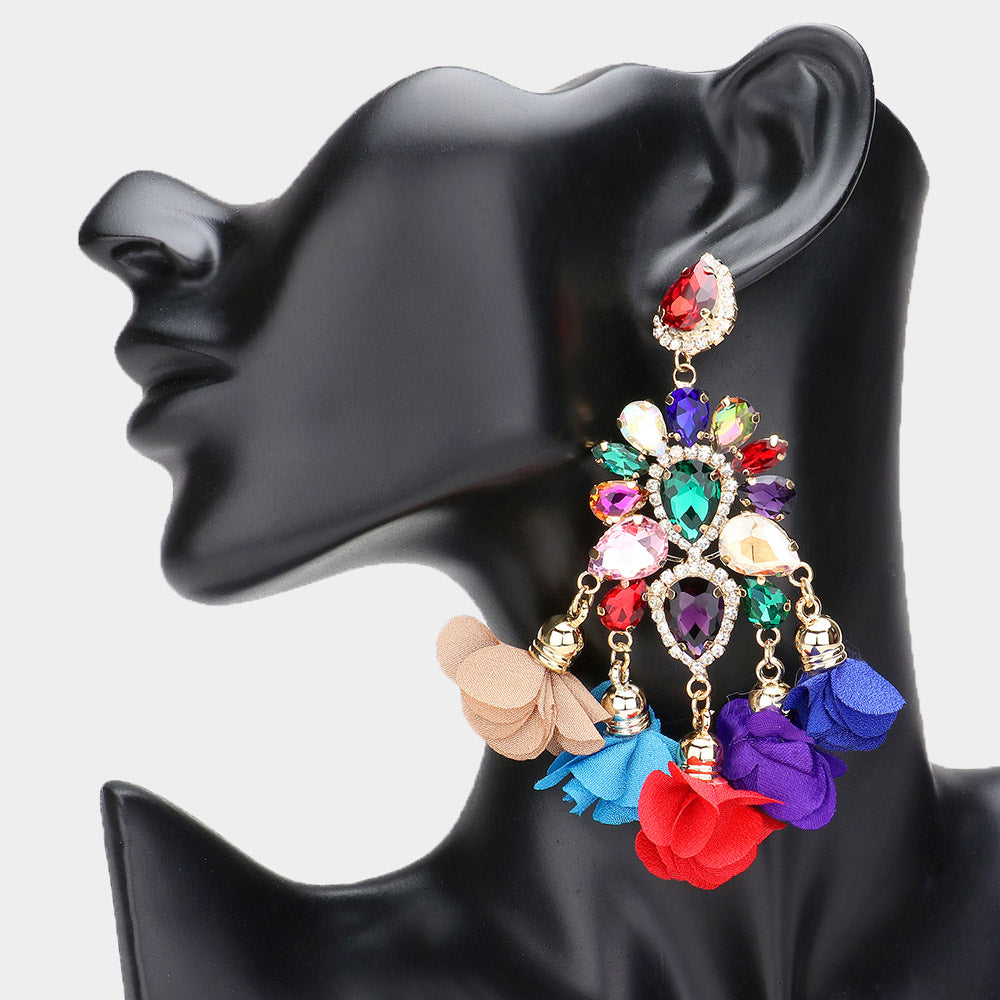 Big Multi-Color Cluster of Multi-Color Stones and Multi-Color Fabric Petal Pageant Fun Fashion Earrings | Long Fun Fashion Earrings