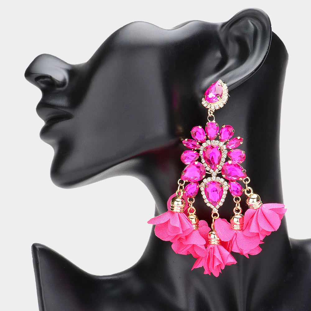 Big Fuchsia Cluster of Fuchsia Stones and Fuchsia Fabric Petal Pageant Fun Fashion Earrings | Long Fun Fashion Earrings