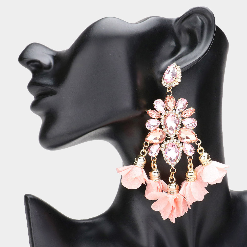 Big Peach Cluster of Peach Stones and Peach Fabric Petal Pageant Fun Fashion Earrings | Long Fun Fashion Earrings